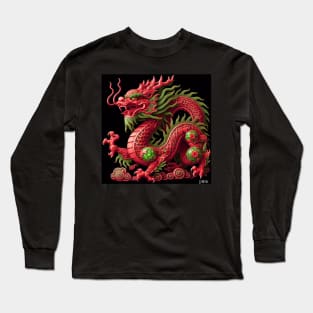 zodiac wood green jade dragon ecopop asian beast kaiju art in red Long Sleeve T-Shirt